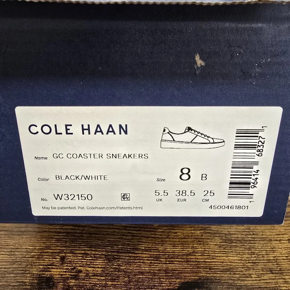 NEW Cole Haan Sz 8B Grand Crosscourt Coaster Leather Sneakers Black White W32150